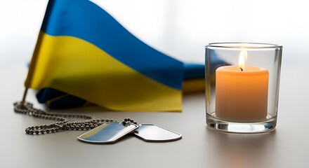 Ukrainian flag, dog tags, and candle symbolize remembrance and solidarity