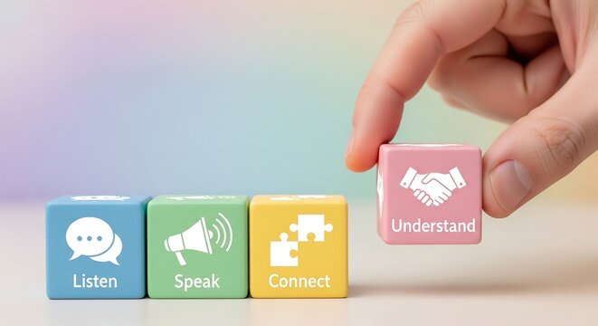 Hand placing a block with 'Understand' icon, completing a sequence for effective communication skills.