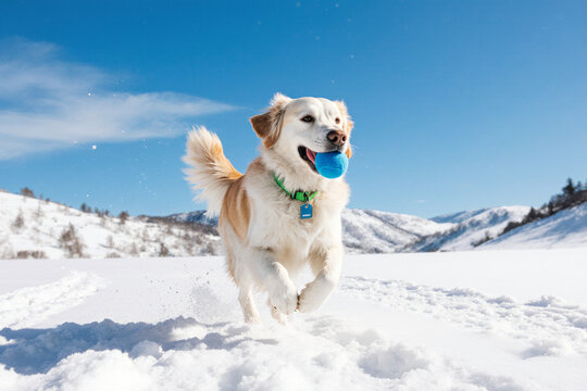 Golden retriever dog joyfully running and playing fetch with a blue ball in fresh, pristine snow on a beautiful sunny winter day, showcasing happiness and energy outdoors