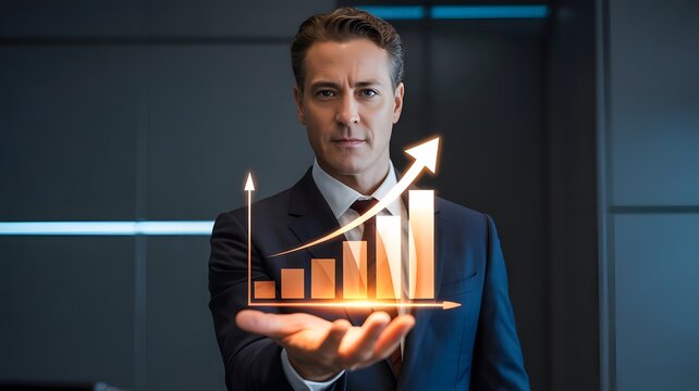 Businessman holding a glowing orange bar graph with rising arrow, symbolizing financial growth, business success, performance improvement, data analytics, and futuristic economic progress