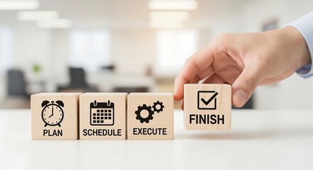A hand places the final 'FINISH' block, completing the business process of plan, schedule, and execute.