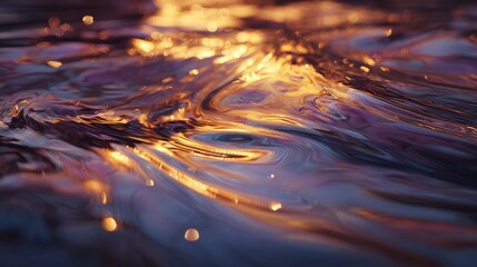 Liquid surface rippling creating abstract gold and purple colors