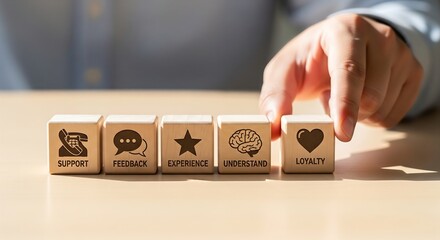 A person's hand arranging wooden blocks with icons for support, feedback, experience, understanding, and loyalty to build customer relationships.