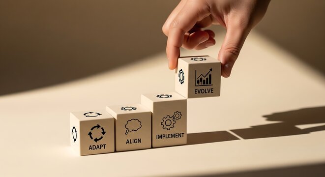 Hand stacking wooden blocks with business concepts Adapt, Align, Implement, and Evolve, symbolizing growth and strategy.