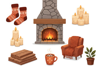 Cozy scene with a fireplace, armchair, socks, candles, wood, hot drink, and potted plant.