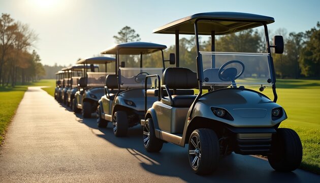 Row of parked electric golf carts on a paved path beside a green golf course fairway. Vehicles are lined up neatly under a clear sky. Sunlight casts shadows on the grass. - Powered by Adobe