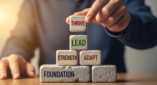 Businessman building a pyramid with blocks representing the steps to success: foundation, strength, adapt, lead, and thrive.