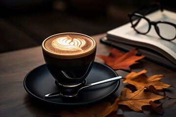 Cozy Autumnal Scene Warm Spiced Latte in Black Mug with Notebook and Glasses
