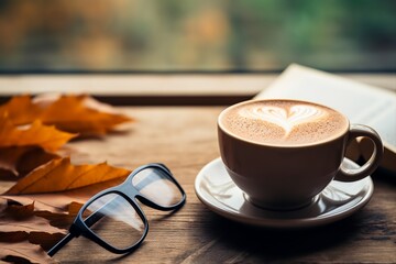 Cozy Autumnal Scene Warm Spiced Latte in Black Mug with Notebook and Glasses