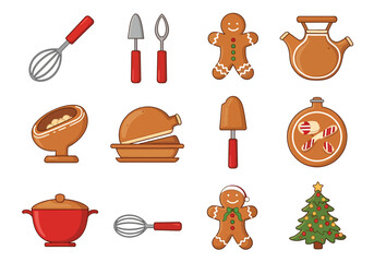 A collection of illustrated baking and Christmas-themed icons, ready for use.