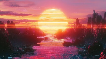 Retro futuristic landscape with glitch sun and digital pathways