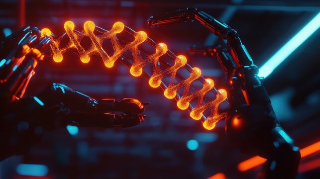 Robot hands manipulating glowing dna helix in research lab