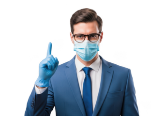 Professional man wearing a blue suit and protective face mask with a gloved hand raised to point upwards isolated on transparent background