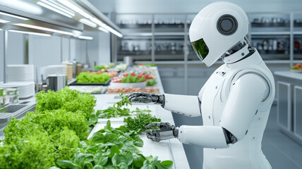 Futuristic robot chef preparing fresh salad in modern kitchen, advanced technology, clean, bright