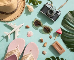 a flat lay featuring summer essentials like a straw hat sunglasses a vintage camera airplane and tropical foliage on a pastel blue background