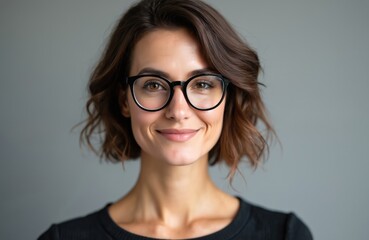 Fototapeta premium A young woman with short brown hair and glasses smiles confidently against a gray background. She wears a black top, appearing professional and friendly for business contexts.