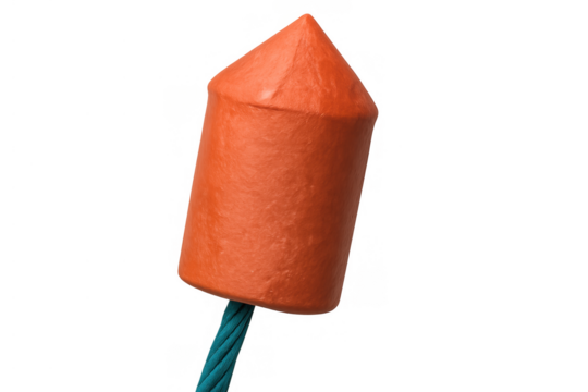 Red firework rocket with fuse showing on transparent isolated background, ready for celebration and explosion