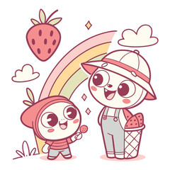 Cute Kawaii Baby With Strawberry Enjoy Rainbow Picnic With Ice Cream In A Sunny Garden Setting