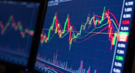 Financial stock market data displayed with candlestick charts on computer screens showing investment analysis