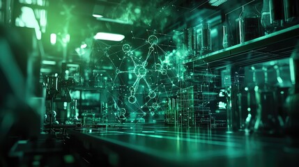 Chemical structure hologram overlaying a modern laboratory setup