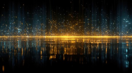 Digital particles creating reflective data stream on dark background