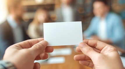 Blank card hand business opportunity teamwork office blurred group people meeting professional creative workspace communication concept planning collaboration modern casual brainstorming success
