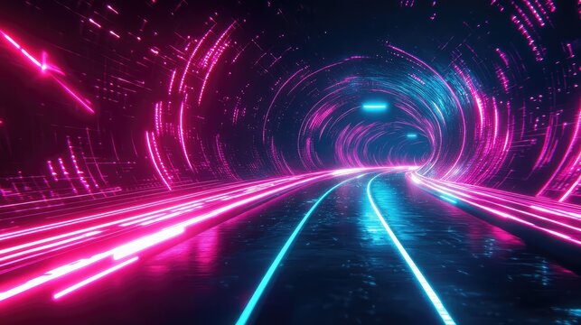 Futuristic data tunnel with glowing neon light trails - Powered by Adobe