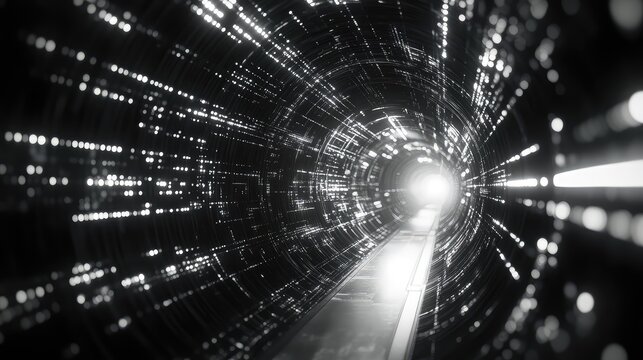 Digital data flowing through abstract futuristic tunnel - Powered by Adobe