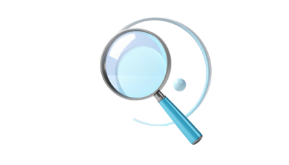 Magnifying glass over spiral on black background, light blue tint