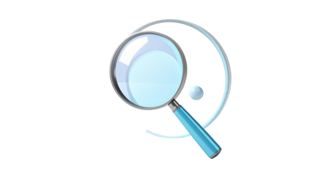 Magnifying glass over spiral on black background, light blue tint