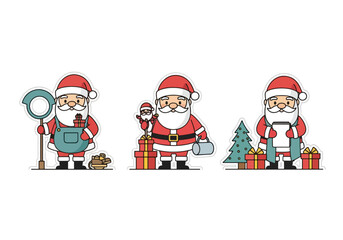 Three cartoon Santas, each holding different Christmas-themed objects, ready for the holidays.