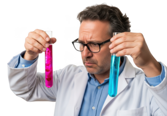 Focused scientist in lab coat examines two colorful liquids in test tubes pondering chemical reactions isolated on transparent background
