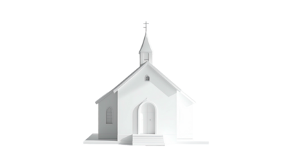 Solitary white church against a stark black background