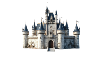 Ornate fairy-tale castle with towers, flags, and stone details