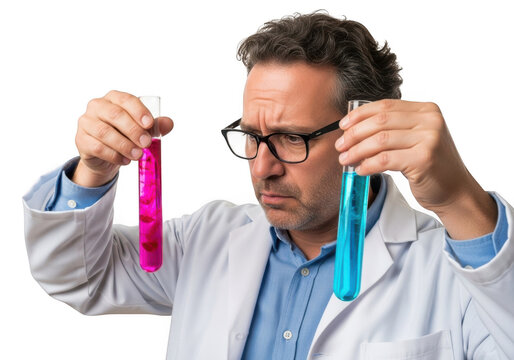 Focused scientist in lab coat examines two colorful liquids in test tubes pondering chemical reactions isolated on transparent background
