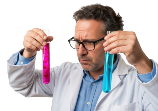 Focused scientist in lab coat examines two colorful liquids in test tubes pondering chemical reactions isolated on transparent background - Powered by Adobe
