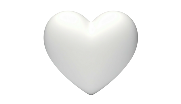 Glossy, white, heart-shaped 3D object on black backdrop