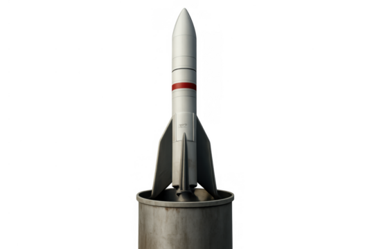 Military rocket on a launcher, representing national security, defense, strategic power, advanced technology, and modern warfare. Transparent background