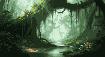 A serene pixel art depiction of a dense tropical rainforest, featuring a tranquil river winding through ancient trees and lush foliage, evoking a mystical natural landscape.