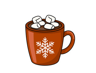 Delicious hot chocolate with marshmallows and cocoa powder in cup on isolated background.