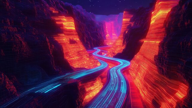Futuristic neon road winding through digital canyon landscape - Powered by Adobe