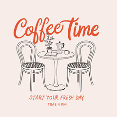 Coffee time .Hand drawn coffee cup, kettle and book .  Sunday coffee time vector design. Espress club t shirt design