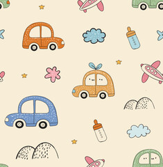 Seamless pattern with cartoon car and truck vehicle icons set for transport design and illustration. set on mountain road and travel background. newborn t shirt, sweat shirt