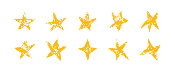 Crayon yellow Stars hand drawn pencil sticker vector set. Rough textured doodle stars in simple organic shapes. Elements for children, packaging, branding, decoration projects