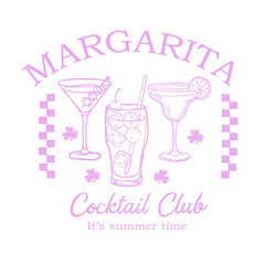 Vintage Summer Cocktail T-shirt Design. Hand drawn summer Cocktails Club. Cocktails retro poster vector,