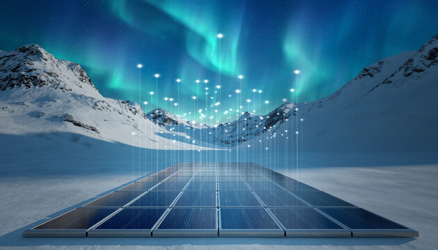 Solar Panel in Snowy Mountains with Digital Energy Discharge