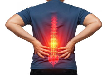 Visualizing lumbar spine discomfort and vertebral column pain with a glowing red and yellow spinal cord illustration isolated on transparent background