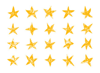 Hand drawn Star crayon pencil sticker yellow vector set. Stars created in a simple, rough doodle style. Perfect yellow star elements for stickers, kids designs, branding, packaging and digital