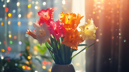 Five-colored Gladiolus flowers in a simple, matte vase, bright atmosphere, sunlight, candy colors, colorful