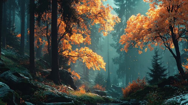 Enchanted Autumn Forest Pathway Bathed in Golden Sunlight